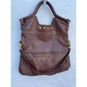 Foley & Corrina Womens Leather Tote Purse Fold Over Bag Brown 15"x21"